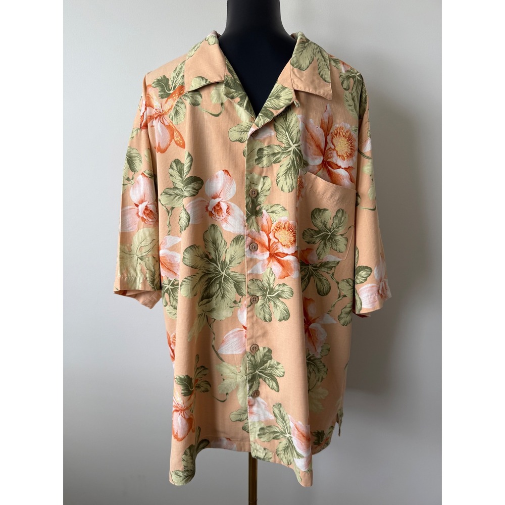 Bermuda Bay Mens XXL Silk Floral Orchid Camp Shirt Peach Orange Tropical Button